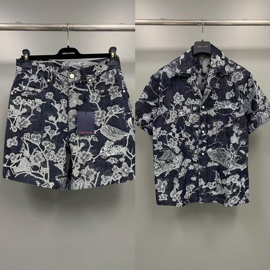 Louis Vuitton Flower Denim Shirt And Shorts Set