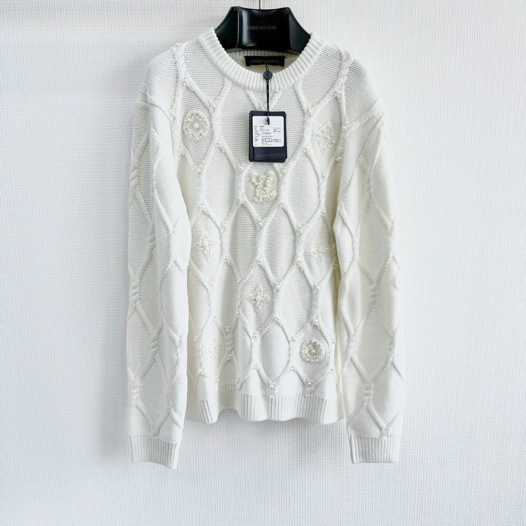 Lv Embellished Cable Knit Wool Blend Pullover