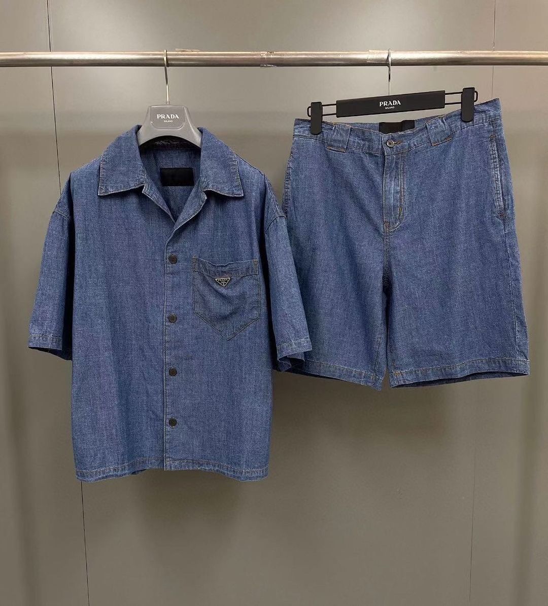 Prada Denim Shirt And Shorts Set