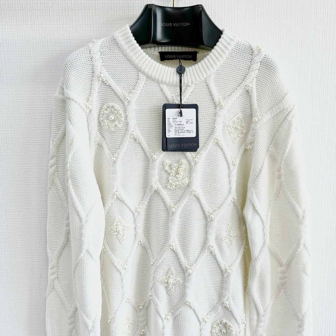 Lv Embellished Cable Knit Wool Blend Pullover