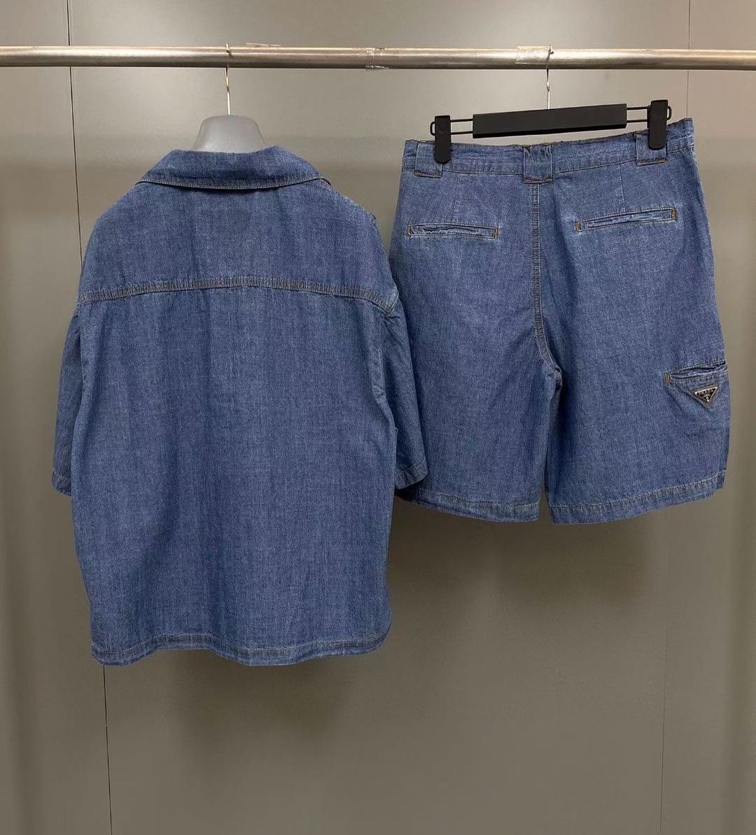 Prada Denim Shirt And Shorts Set