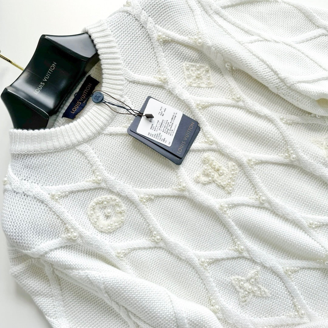 Lv Embellished Cable Knit Wool Blend Pullover