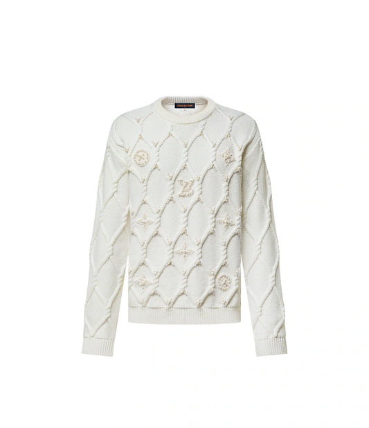 Lv Embellished Cable Knit Wool Blend Pullover