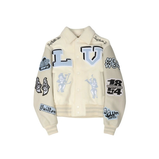 Lv Multi Patches Mixed Leather Varsity Jacket